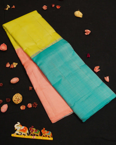 Peach-Yellow-Aqua Blue Mubbagam Kanchipuram Silk Saree