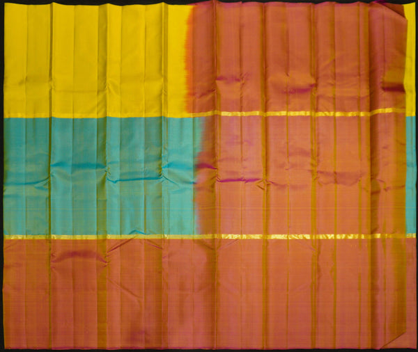 Light Weight Kanchipuram, Mubbagam Saree, Pastel Saree, Office Wear Silk Saree Soft Silk, Yellow-Aqua Blue-Peach Mubbagam Kanchipuram Silk Saree
