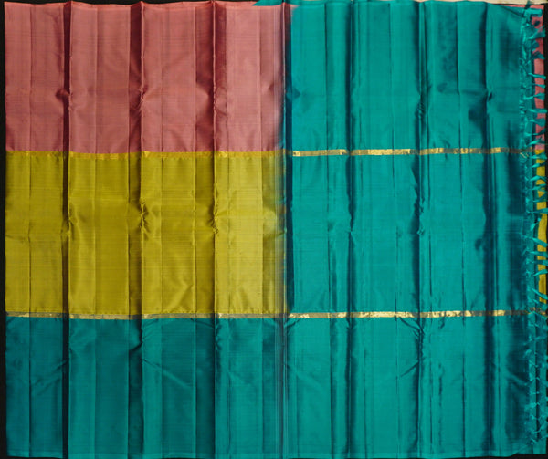 Light Weight Kanchipuram, Mubbagam Saree, Pastel Saree, Office Wear Silk Saree Soft Silk, Soft Peach, Yellow, Rich Teal Mubbagam Kanchipuram Silk Saree