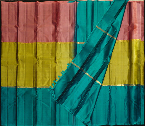 Light Weight Kanchipuram, Mubbagam Saree, Pastel Saree, Office Wear Silk Saree Soft Silk, Soft Peach, Yellow, Rich Teal Mubbagam Kanchipuram Silk Saree