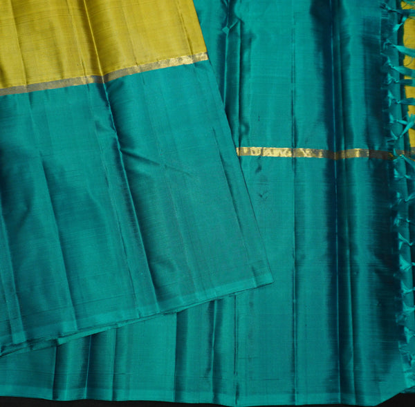 Light Weight Kanchipuram, Mubbagam Saree, Pastel Saree, Office Wear Silk Saree Soft Silk, Soft Peach, Yellow, Rich Teal Mubbagam Kanchipuram Silk Saree