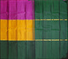  mubbagam kanchipuram silk saree in Purple, Yellow, Bottle Green colour with plain body, boderless saree