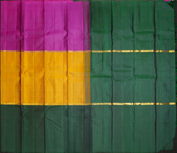  mubbagam kanchipuram silk saree in Purple, Yellow, Bottle Green colour with plain body, boderless saree