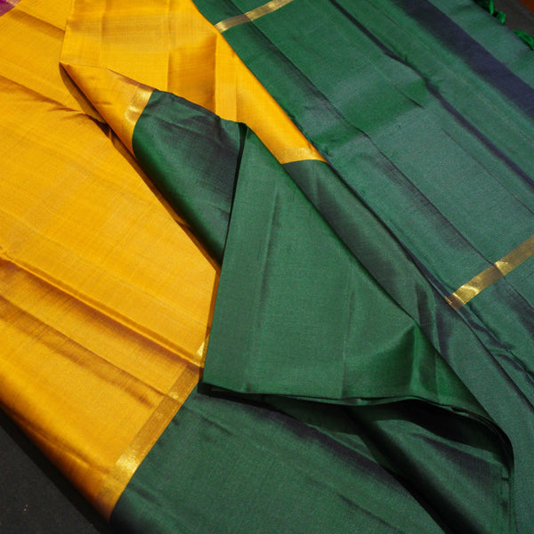  mubbagam kanchipuram silk saree in Purple, Yellow, Bottle Green colour with plain body, boderless saree