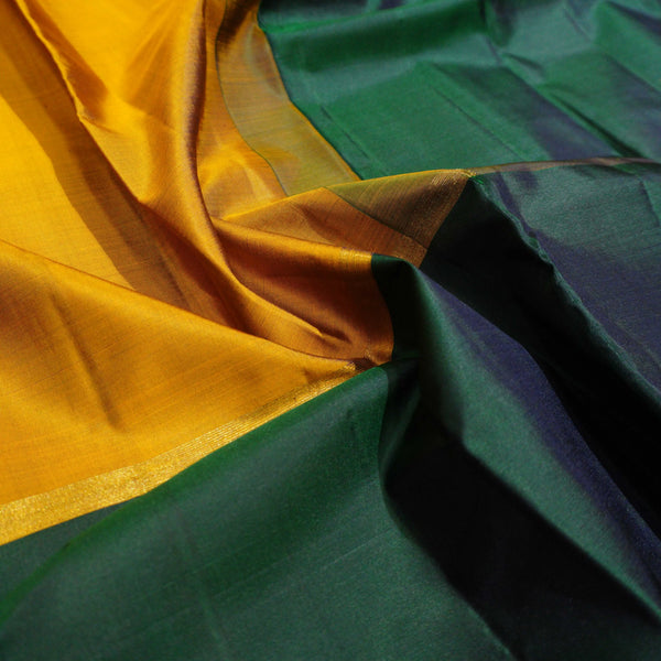  mubbagam kanchipuram silk saree in Purple, Yellow, Bottle Green colour with plain body, boderless saree