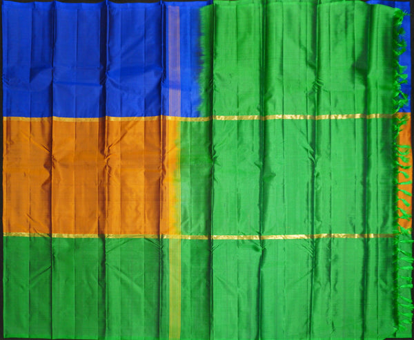  Mubbagam Kanchipuram Silk Saree in Blue,Orche Gold, Green Colour with Plain Body, Boderless Saree