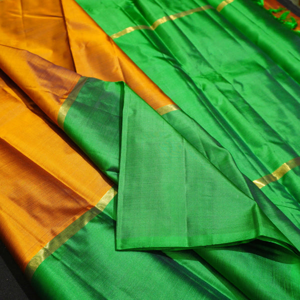  Mubbagam Kanchipuram Silk Saree in Blue,Orche Gold, Green Colour with Plain Body, Boderless Saree