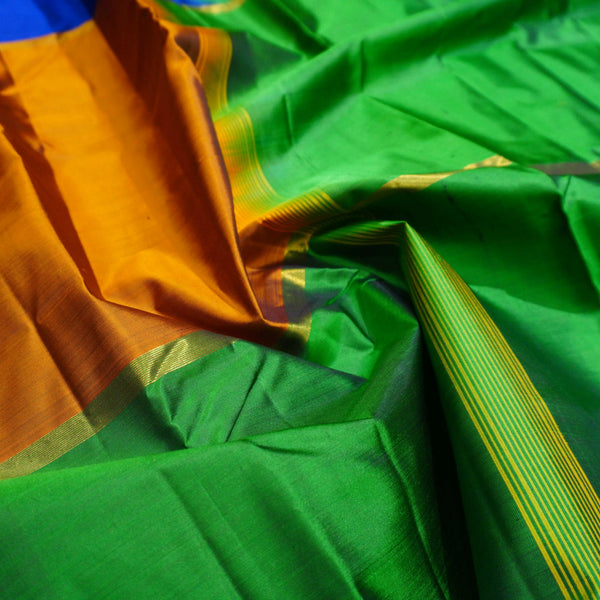  Mubbagam Kanchipuram Silk Saree in Blue,Orche Gold, Green Colour with Plain Body, Boderless Saree