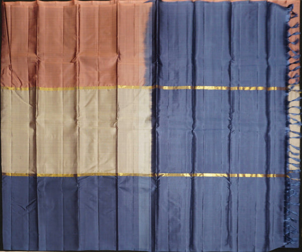  mubbagam kanchipuram silk saree in caramel brown, sandal, dusty blue colour with plain body, boderless saree