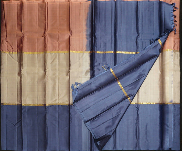  mubbagam kanchipuram silk saree in caramel brown, sandal, dusty blue colour with plain body, boderless saree