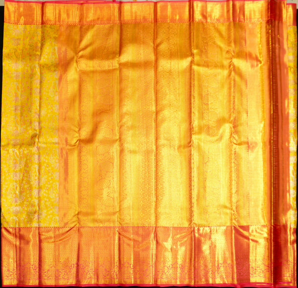 premiumwedding tissue kanchipuram silk saree in Lemon Yellow with Meena Work