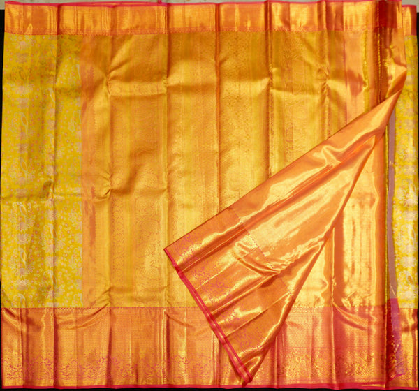 premiumwedding tissue kanchipuram silk saree in Lemon Yellow with Meena Work