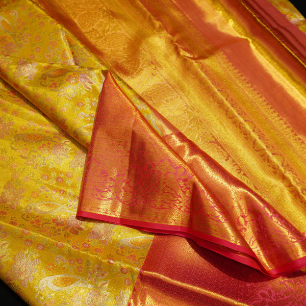 premiumwedding tissue kanchipuram silk saree in Lemon Yellow with Meena Work