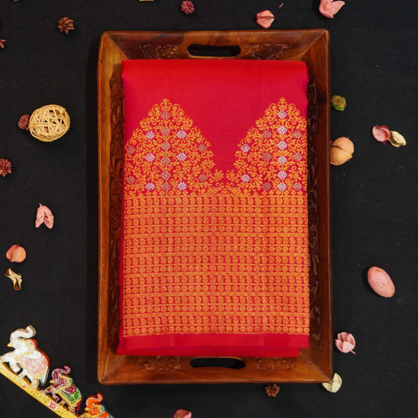 Red Turning Border Kanchipuram Silk Saree, Gold and Silver Zari Meena work border, body elephant motif