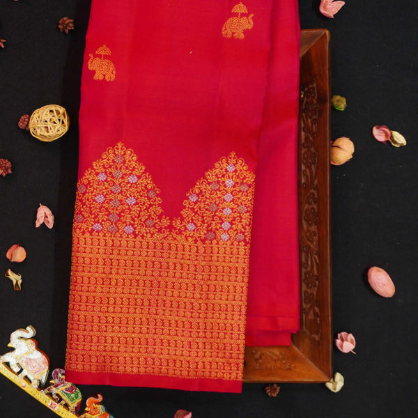 Red Turning Border Kanchipuram Silk Saree, Gold and Silver Zari Meena work border, body elephant motif