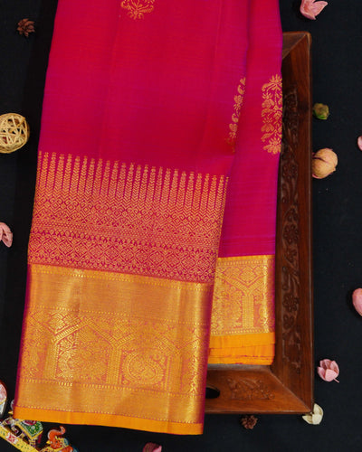 Rani Pink & yellow Kanjivaram silk saree with floral design
