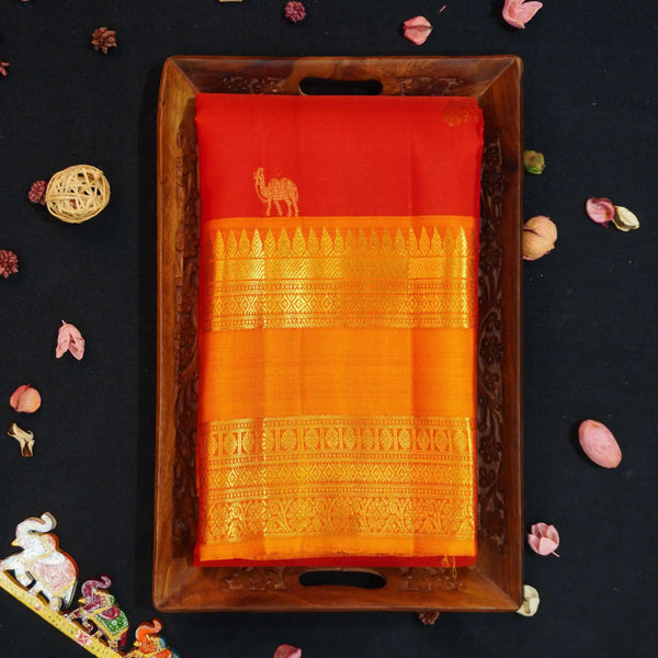 Red with Orange Retta Pettu Border Kanchipuram Silk Saree with Camel & Peacock motif