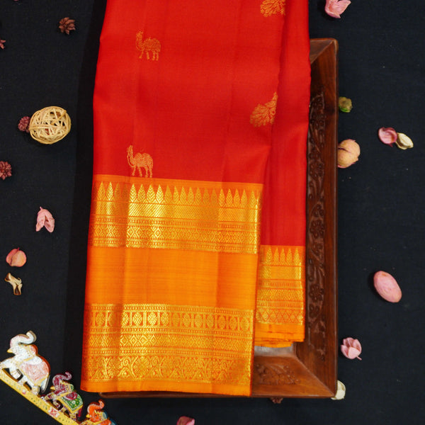 Red with Orange Retta Pettu Border Kanchipuram Silk Saree with Camel & Peacock motif