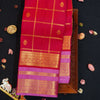 Red Kanchipuram silk saree with kattam jaal, vatta butta and pink Tharai Jaal border