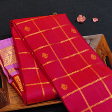 Load image into Gallery viewer, Red Kanchipuram silk saree with kattam jaal, vatta butta and pink Tharai Jaal border
