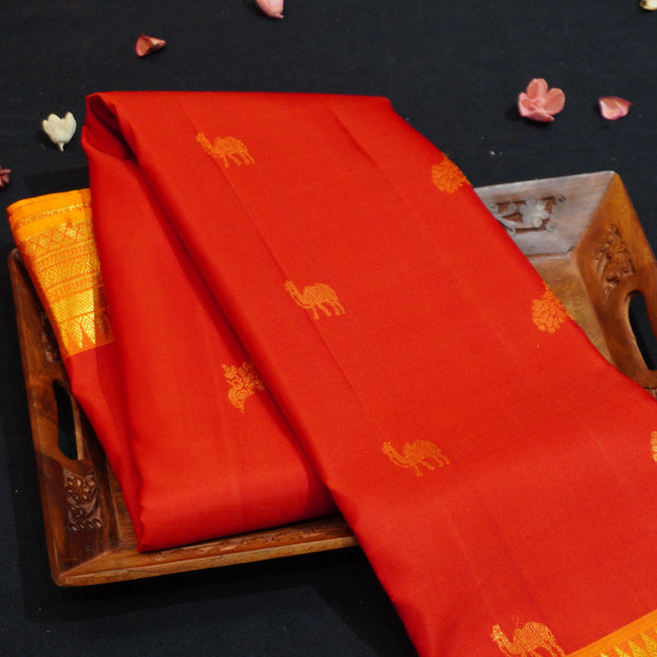 Red with Orange Retta Pettu Border Kanchipuram Silk Saree with Camel & Peacock motif