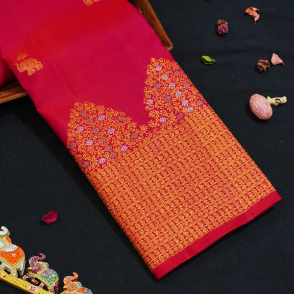 Red Turning Border Kanchipuram Silk Saree, Gold and Silver Zari Meena work border, body elephant motif