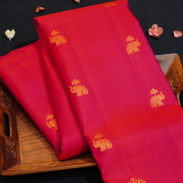 Red Turning Border Kanchipuram Silk Saree, Gold and Silver Zari Meena work border, body elephant motif