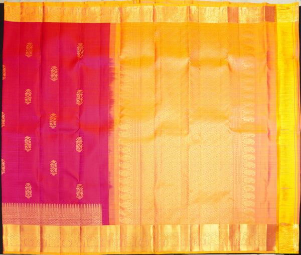Rani Pink & yellow Kanjivaram silk saree with floral design