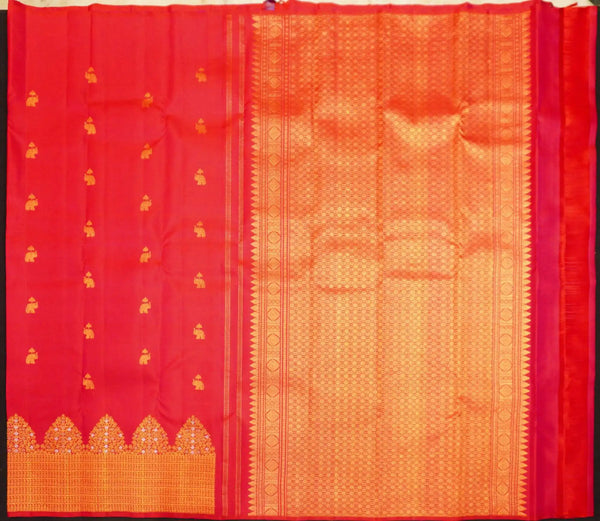 Red Turning Border Kanchipuram Silk Saree, Gold and Silver Zari Meena work border, body elephant motif