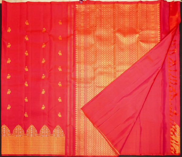 Red Turning Border Kanchipuram Silk Saree, Gold and Silver Zari Meena work border, body elephant motif