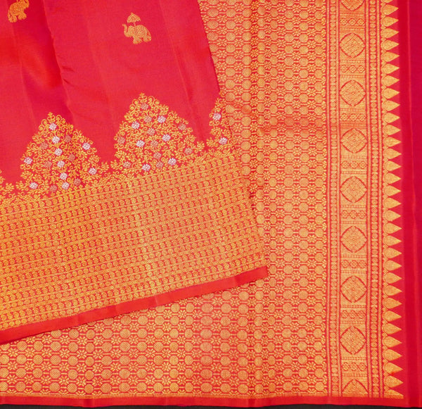 Red Turning Border Kanchipuram Silk Saree, Gold and Silver Zari Meena work border, body elephant motif