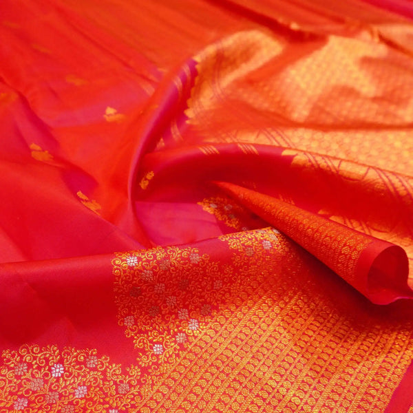 Red Turning Border Kanchipuram Silk Saree, Gold and Silver Zari Meena work border, body elephant motif