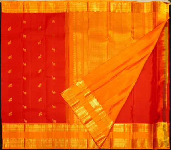 Red with Orange Retta Pettu Border Kanchipuram Silk Saree with Camel & Peacock motif