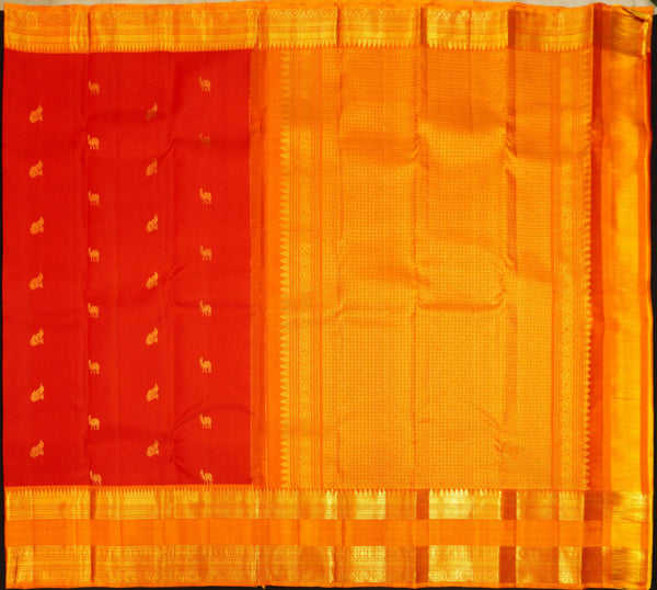 Red with Orange Retta Pettu Border Kanchipuram Silk Saree with Camel & Peacock motif