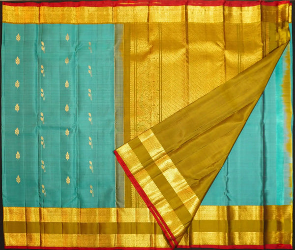 premiumkanchipuram silk saree inTeal blue & olive green with retta pettu boder