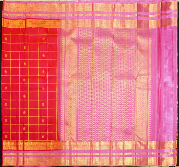 Red Kanchipuram silk saree with kattam jaal, vatta butta and pink Tharai Jaal border