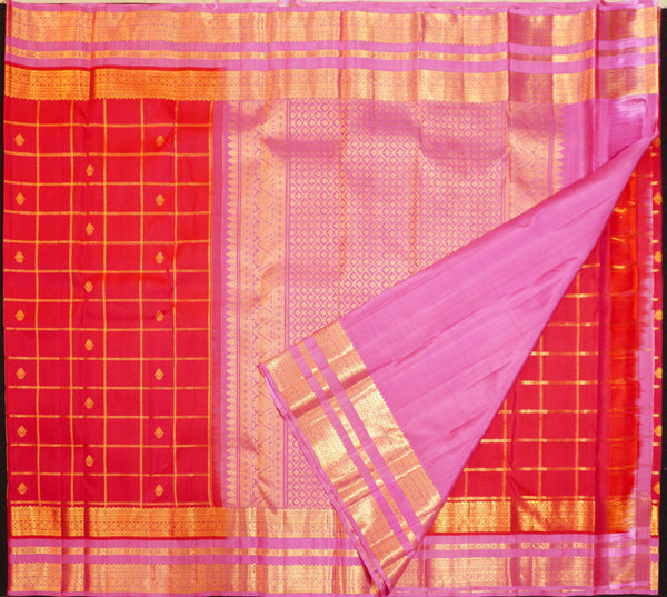 Red Kanchipuram silk saree with kattam jaal, vatta butta and pink Tharai Jaal border