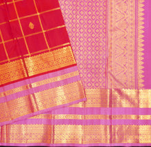 Load image into Gallery viewer, Red Kanchipuram silk saree with kattam jaal, vatta butta and pink Tharai Jaal border
