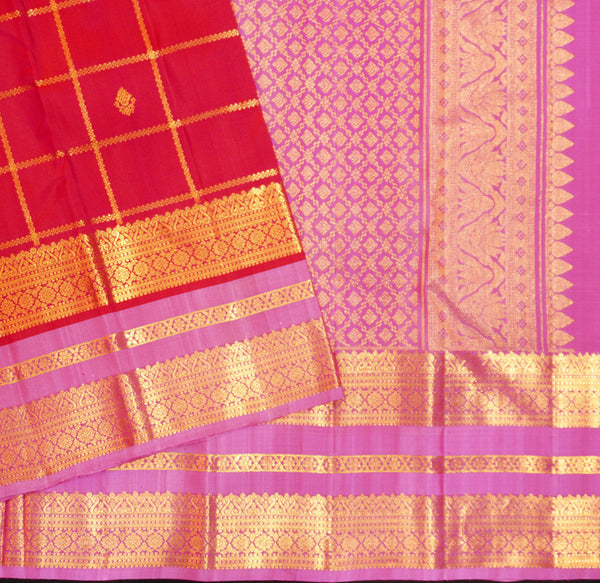 Red Kanchipuram silk saree with kattam jaal, vatta butta and pink Tharai Jaal border