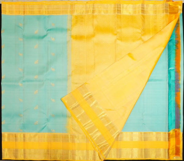 premiumkanchipuram silk saree inPastel Blue With Camel & Peacock Design 
