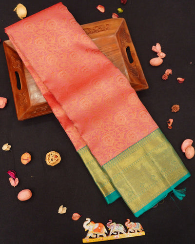 Peach Orange Kanchipuram Silk Saree Pure Zari With Korvai Border