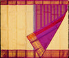A cream-colored silk saree with a rich magenta purple border and gold zari metallic patterns, shown with the pallu folded over.