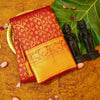 Close view of premium bridal kanchipuram silk saree in bridal red colour with creeping floral design