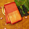 Close view of premium bridal kanchipuram silk saree in Arakku Thakkali Red colour with Minute Mango Zari Buttas