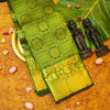 Close view of premium Traditional kanchipuram silk saree in Bottle Green colour with Pearl Beaded Grid Checks