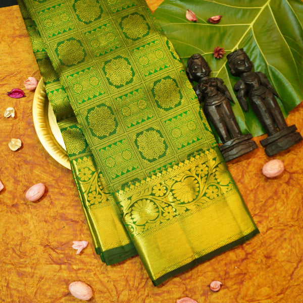 Close view of premium Traditional kanchipuram silk saree in Bottle Green colour with Pearl Beaded Grid Checks