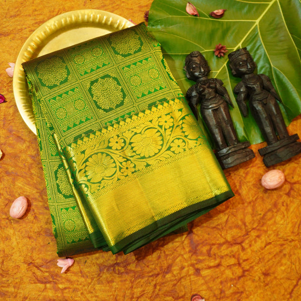 Close view of premium bridal kanchipuram silk saree in Bottle Green colour with Pearl Beaded Grid Checks