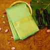 Close view of premium bridal kanchipuram silk saree in pastel green colour with geomentric floral design