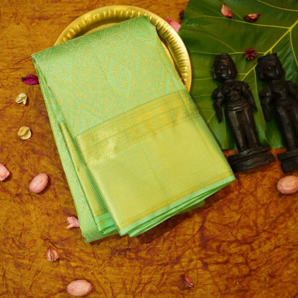 Close view of premium bridal kanchipuram silk saree in pastel green colour with geomentric floral design