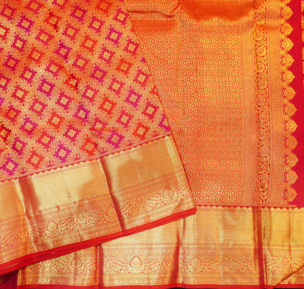 Close view of premium bridal kanchipuram silk saree in red colour with Geomentric Diamond Zari Motifs